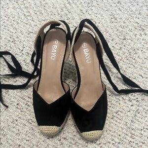 Black Espadrille Sandals with Ankle Wrap Ties